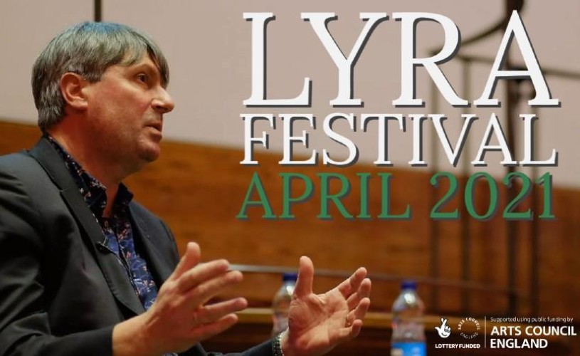 Simon Armitage speaking at poetry festival, text saying 'Lyra Festival April 2021'